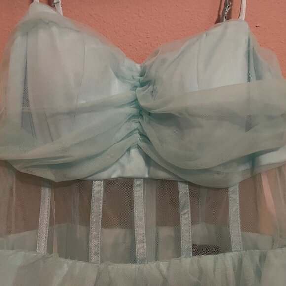 Next/UP Size 1/2, Baby Blue, Illusion Lace Corset, Tulle Ruffle Tiered Ball Gown - Picture 7 of 11